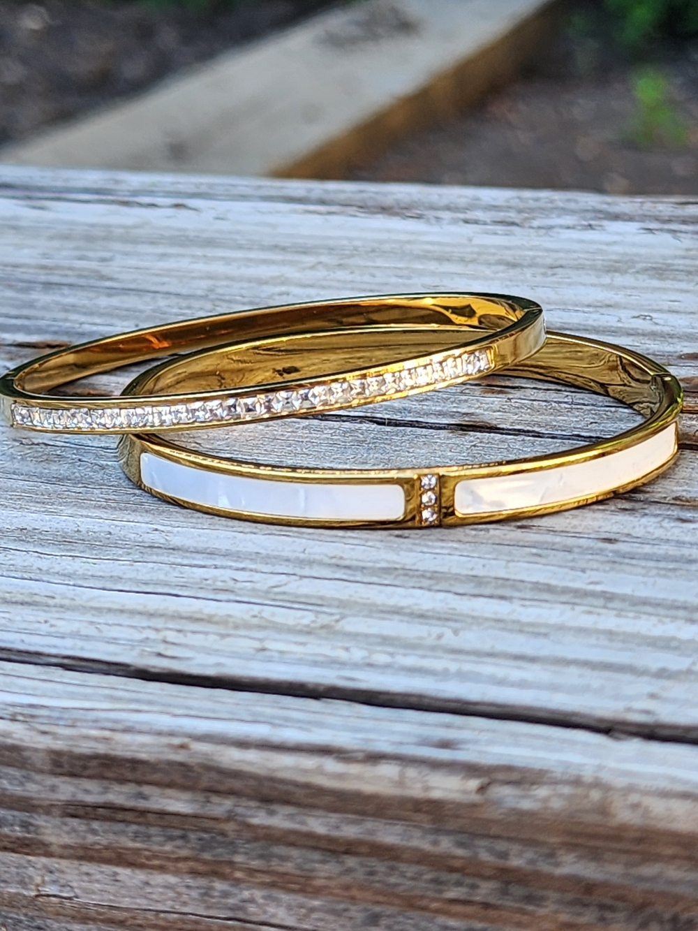Gold-Tone White Inlay Bangle Bracelet Set - Stainless Steel